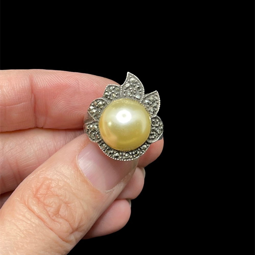 Vintage sterling, marcasite, and pearl ring